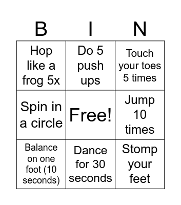 Physical Activity Bingo Card