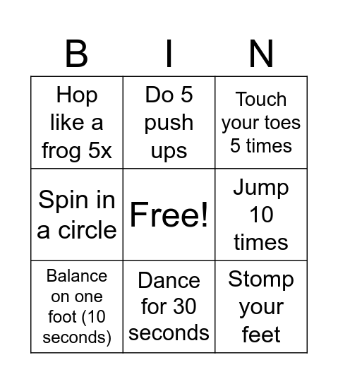 Physical Activity Bingo Card