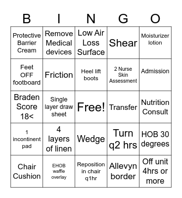 Pressure Injury Prevention Bingo Card
