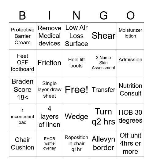 Pressure Injury Prevention Bingo Card