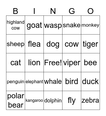 Animals Bingo Card