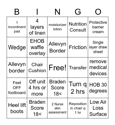 Pressure Injury Prevention Bingo Card