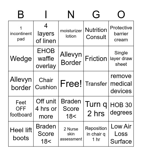 Pressure Injury Prevention Bingo Card