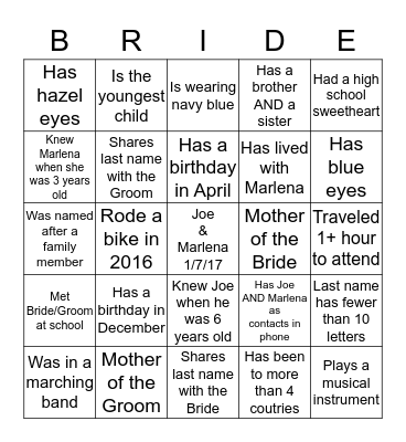 Get to know the other guests! Bingo Card