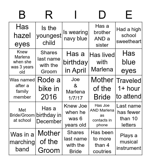 Get to know the other guests! Bingo Card