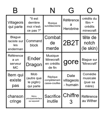 Minecraft le film Bingo Card