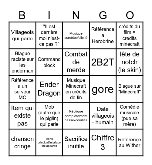 Minecraft le film Bingo Card