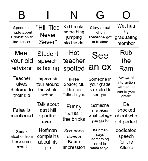 Hill School Graduation Bingo Card