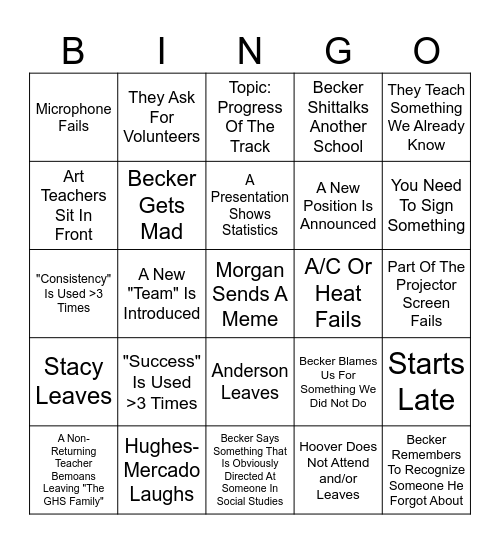 Faculty Meeting Bingo Card
