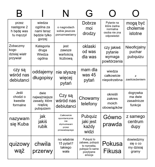 Ostatni pubquiz Kuby Bingo Card