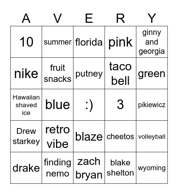 avery Bingo Card
