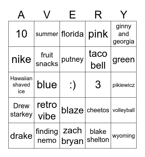 avery Bingo Card
