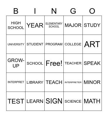 Language and School : ASL 1 Part 1 Bingo Card