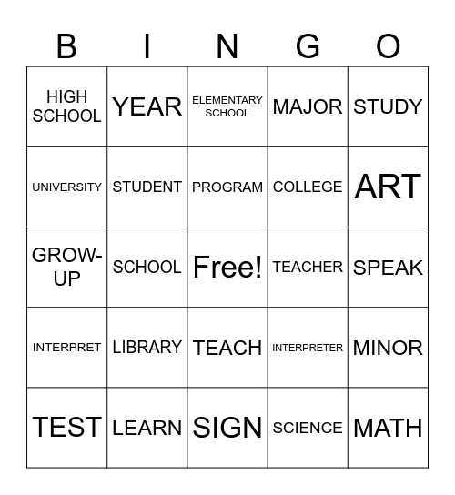 Language and School : ASL 1 Part 1 Bingo Card