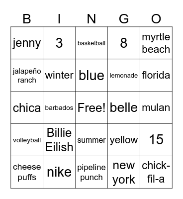 nahlia's bingo!! Bingo Card