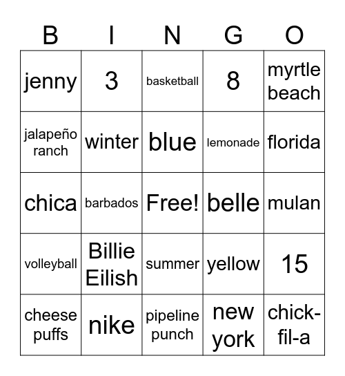 nahlia's bingo!! Bingo Card