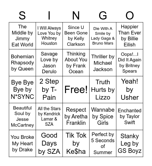 SINGO! Bingo Card