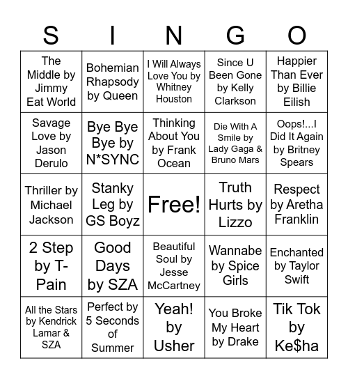 SINGO! Bingo Card
