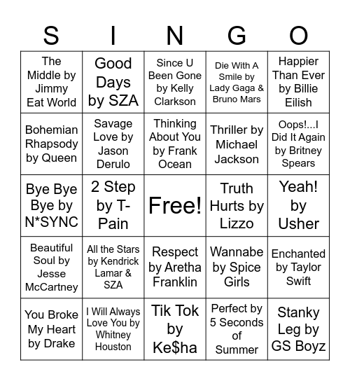 SINGO! Bingo Card