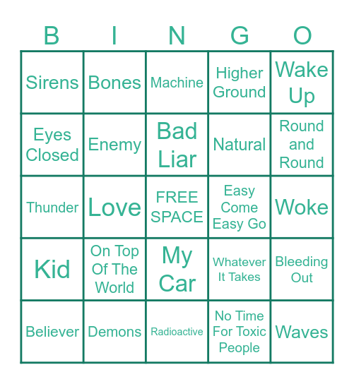 Imagine Dragons Bingo Card