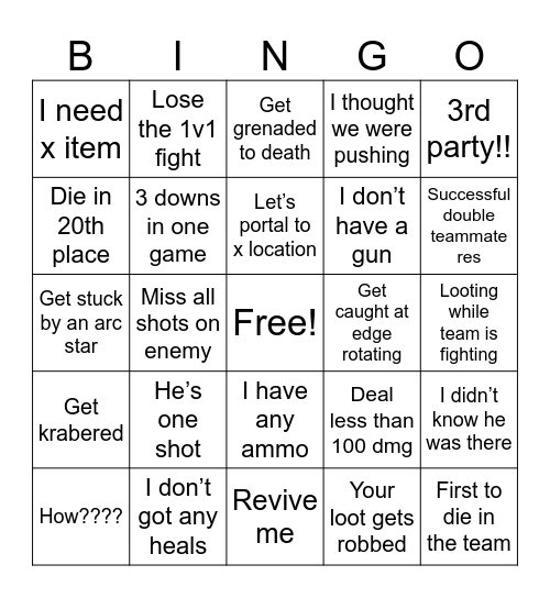 ThrowPex Legends Bingo Card