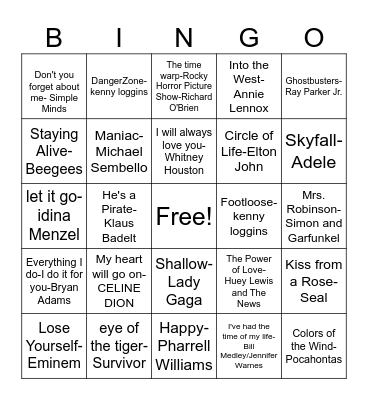 SONGS from the Movies Bingo Card