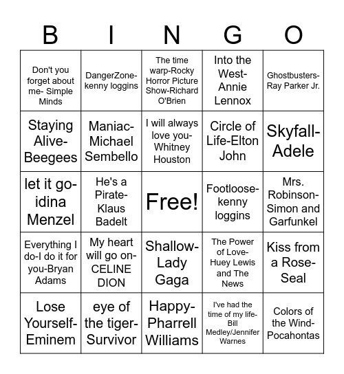 SONGS from the Movies Bingo Card
