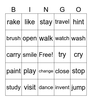 Past Tense Bingo Card