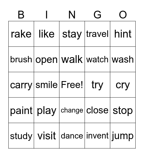 Past Tense Bingo Card