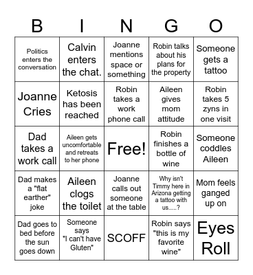 Family Visit 2025 Bingo Card