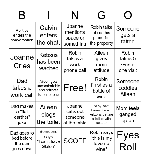 Family Visit 2025 Bingo Card
