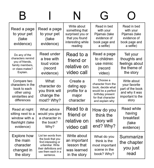 Independent Reading Bingo Card