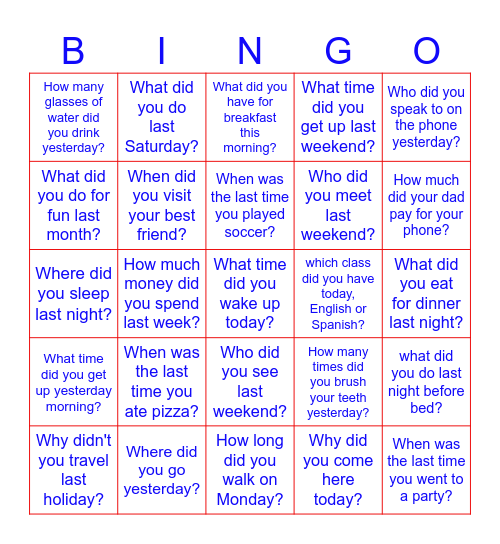 Questions in the simple past Bingo Card