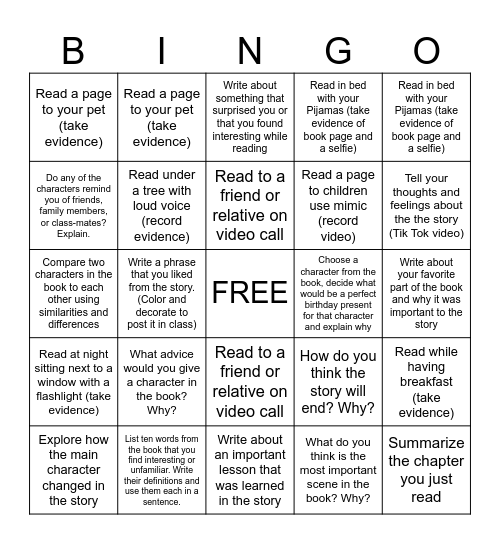 Independent Reading Bingo Card