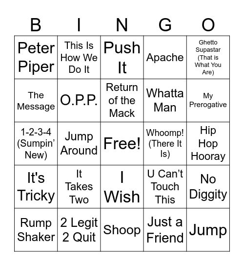 80s/90s Old School HipHop Round 1 Bingo Card