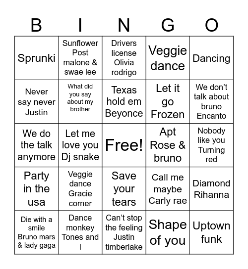 Guess the song Bingo Card