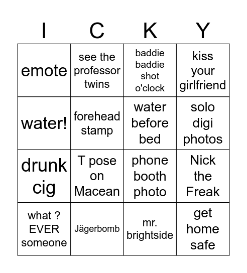 Thursday Bar Bingo Card