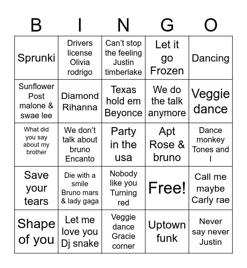 Guess the song Bingo Card