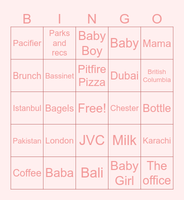 Rahma's Baby Shower Bingo Card