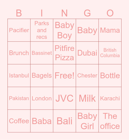 Rahma's Baby Shower Bingo Card