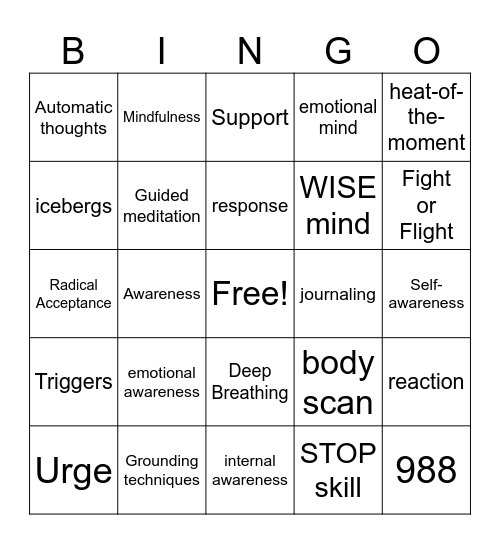 Mindfulness Bingo Card