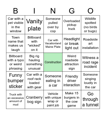 Acadia Road Trip Bingo Card