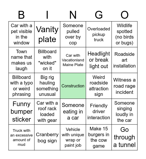 Acadia Road Trip Bingo Card