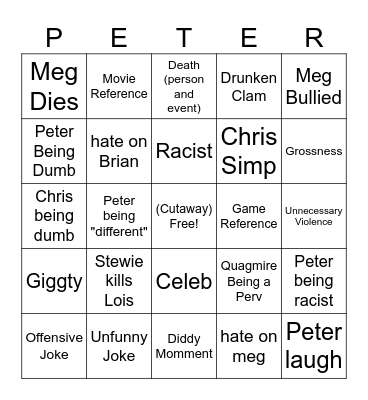 Family Guy Bingo Card