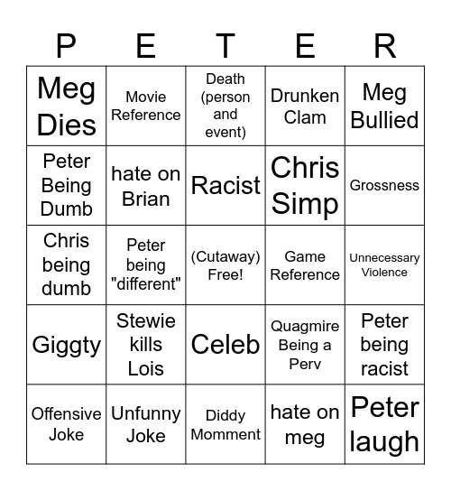 Family Guy Bingo Card