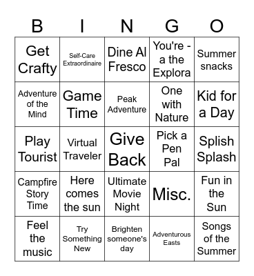 Summer Adventure Challenge Bingo Card