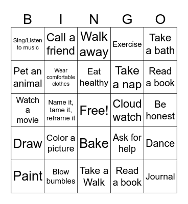 Ways To Calm Down Bingo Card