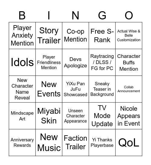 ZZZ 2.0 Bingo Card
