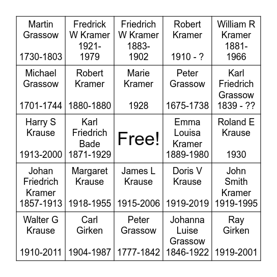 Bade - Kramer Family Bingo Card