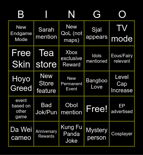 2.0 Livestream Bingo Card